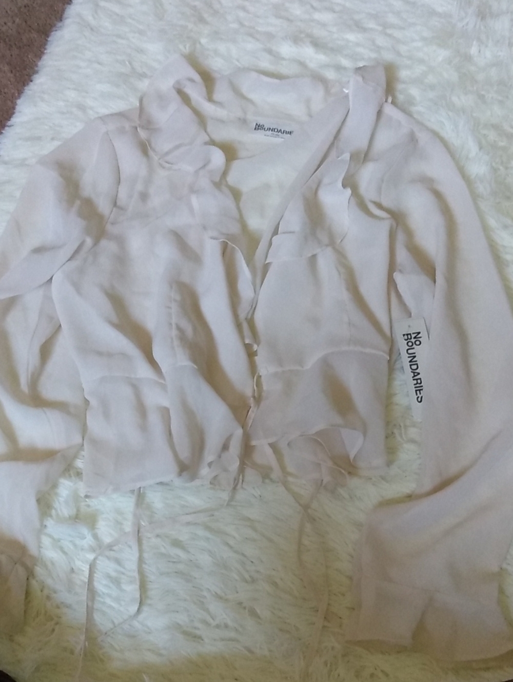 No Boundaries Women's Light Cream Ruffle Front Blazer